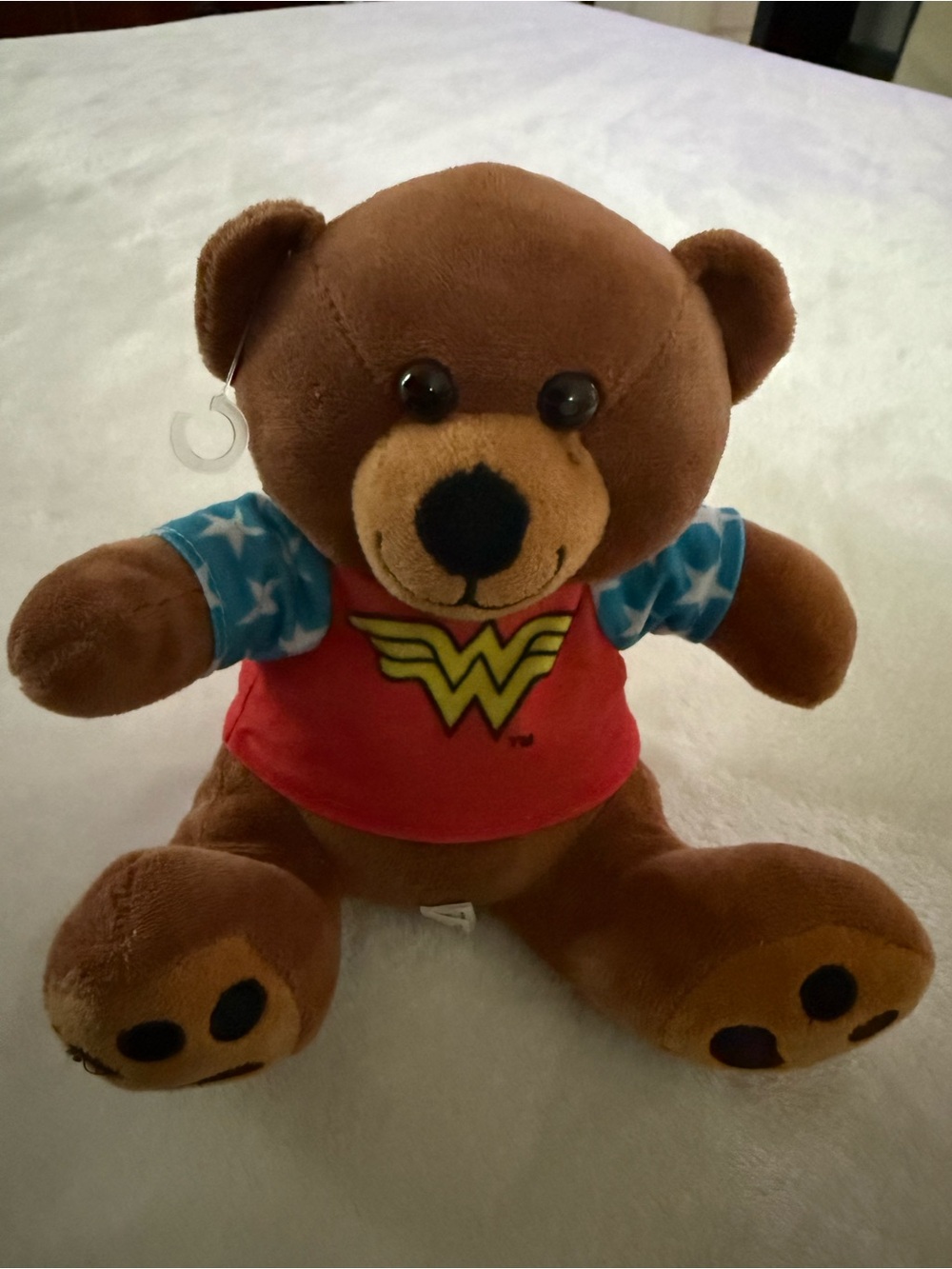 Brown Plush Bear in Red Wonder Woman Tee and Blue Star Sleeves